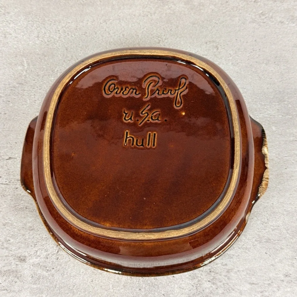 Hull Brown Drip Glaze Round Handled Stoneware Baking Serving Dish Vintage USA 9